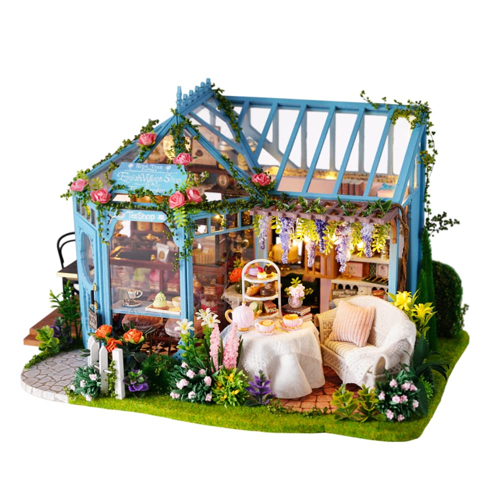 Maison de poupée miniature en bois à monter soi-même - Mini serre avec LED - Cadeau d'anniversaire pour garçons et filles (maison de thé)