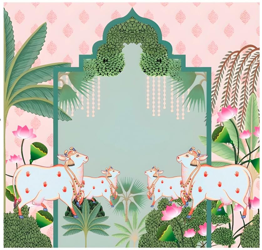 Image of varalakshmi Pooja Decoration Backdrop | Cow Backdrop Cloth Decorations |pichwai Backdrop Cloth Decoration (8x8 FEET) Light Pink 4 Cows | Pichwai Design Backdrops Cloth |Backdrop for Pooja