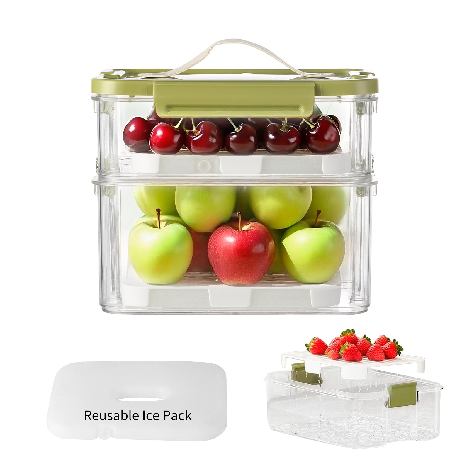 Portable Snackle Box Container with Ice Pack, 2-Tier Snackle Box with Ice Pack Built In, with Drain Trays and Handle, Stackable and Detachable Snack