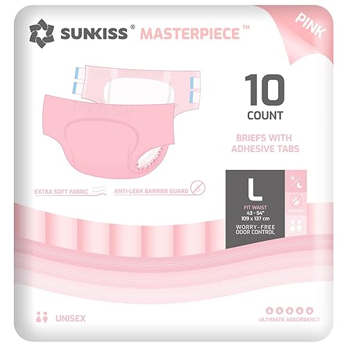 SUNKISS Masterpiece Adult Diapers with Tabs, Unisex Disposable Incontinence Briefs for Women and Men, Odor Control, Pink, Large, 10 Count - Large - Pink (Pack of 10)