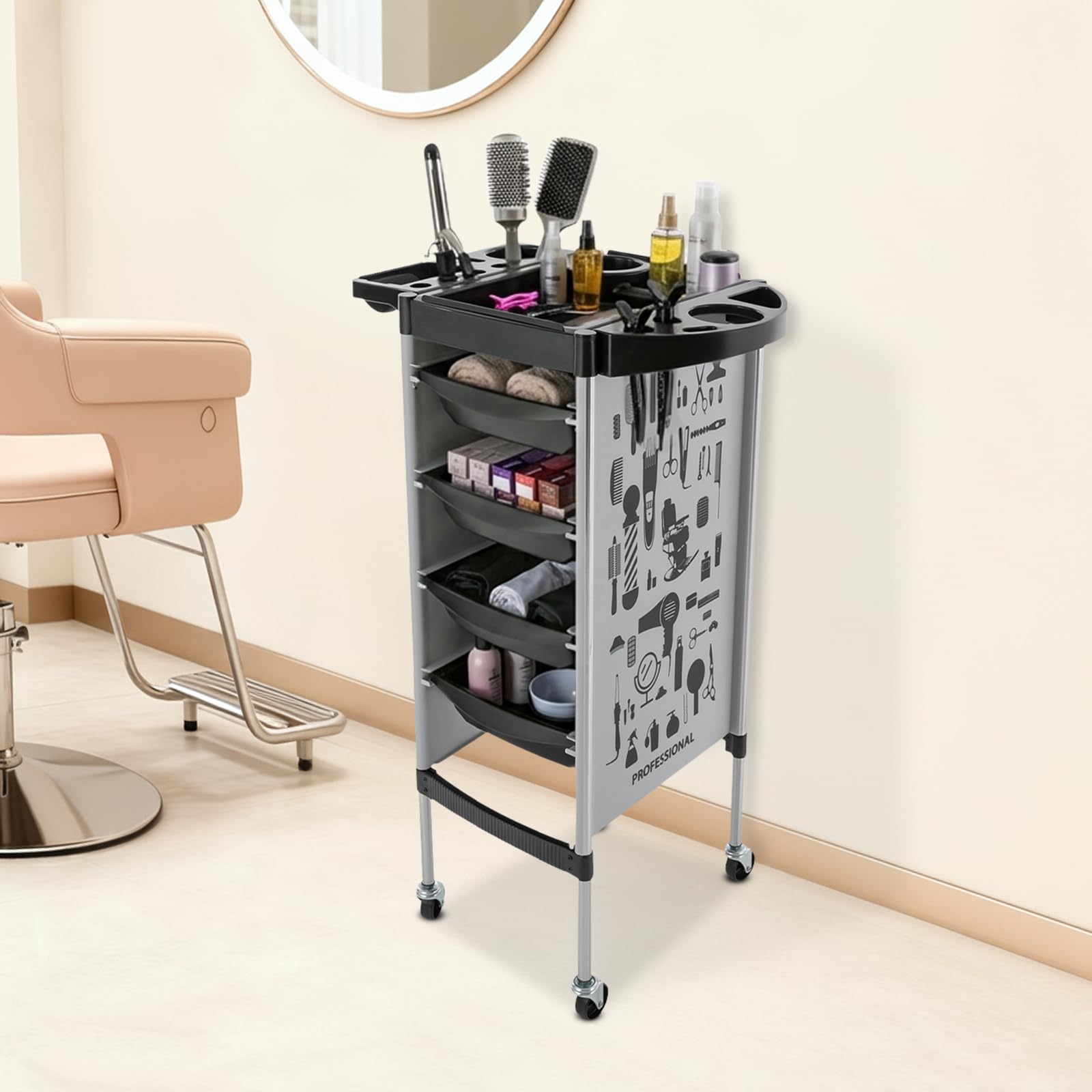 Chariot de coiffure, chariot de coiffure, avec 4 tiroirs et roulettes, tiroirs extensibles, pour stylistes, coiffeurs, spa et salons de manucure