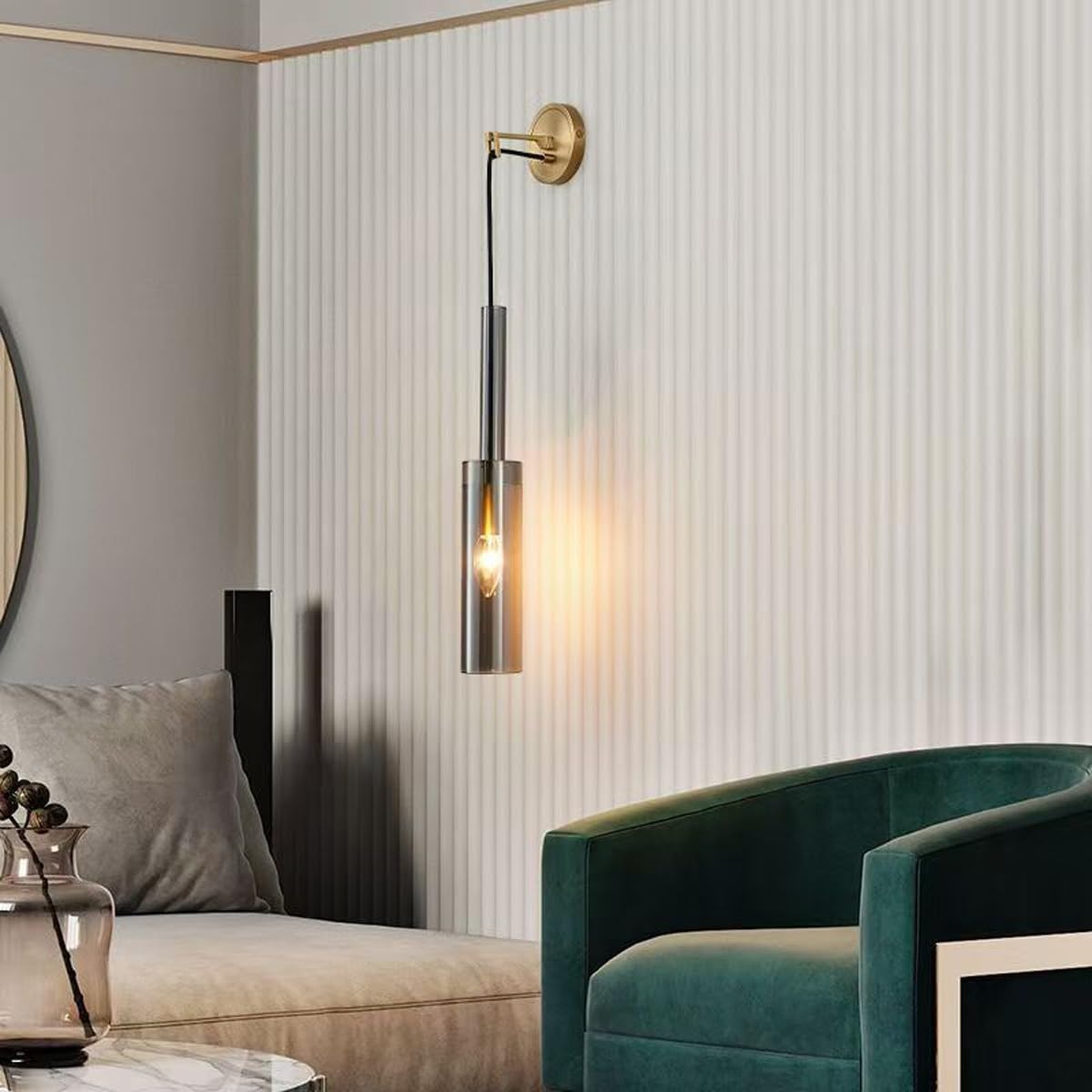 Apliques de Pared para Interiores, Dormitorio, Pasillo, Modernos, latón, Pantalla cilíndrica de Vidrio Gris Ahumado. Lámpara Colgante para Sala de Estar, Comedor, mesita de Noche.