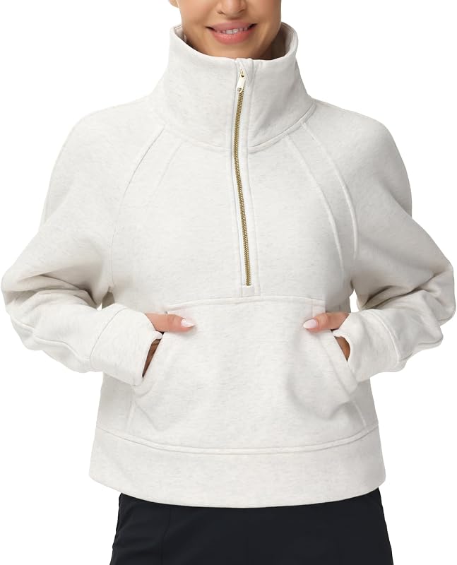 Womens Half Zip Pullover Fleece Stand Collar Crop Sweatshirt image 3