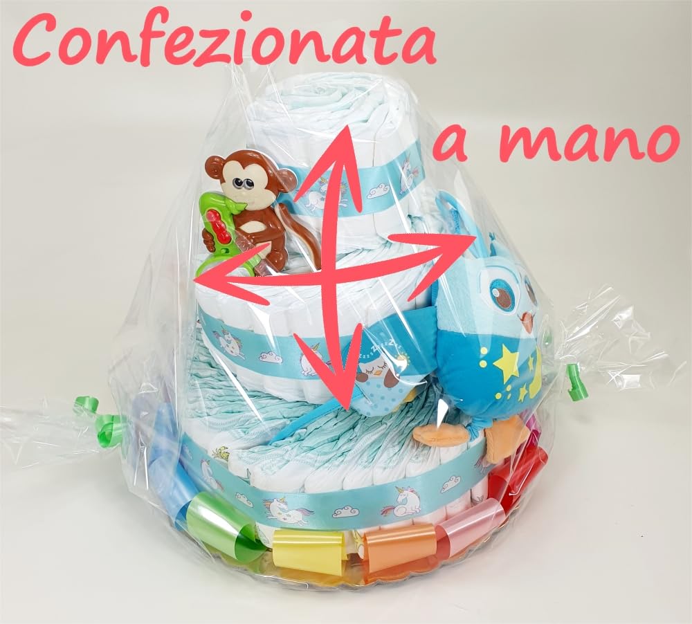 Tarta de pañales de 3 pisos multicolor Owl con 68 pañales (48 tamaño 3/6 kg + 20 tamaño 4/9 kg)