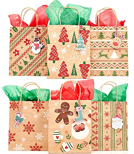 PartyWoo Christmas Gift Bags, 24 pcs Medium Christmas Paper Bags and 60 pcs Christmas Gift Tags, Christmas Tissue Paper, Xmas Holiday Gift Bags Assorted Christmas Prints for Presents, Party Favors