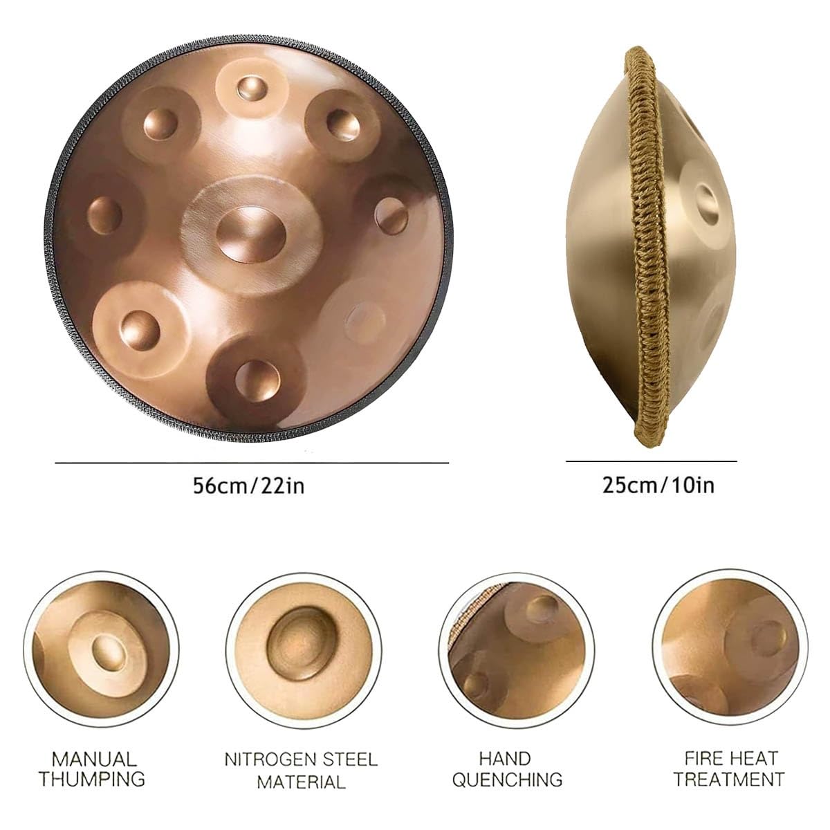 Handpan 432Hz/440Hz Strumento a Percussione 22 Pollici Re Minore 9/10/12 Note Tamburo in Acciaio con Borsa Morbida, Mazze, Handpan per Yoga e Guarigione Sonora(Gold-Silver,432HZ/10Note)
