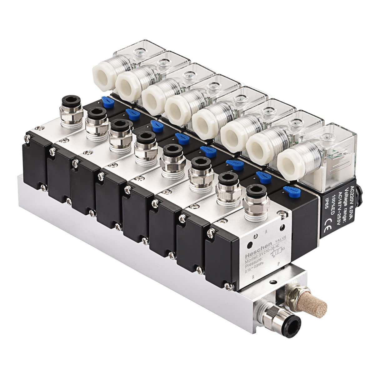 Heschen Elektrisches pneumatisches Doppel-Magnetventil, 4V220-08, 24VDC, PT1 /4, 5-Wege, 2 Positionen, Krümmerbasis, Schalldämpfer, Schnellmontage-Set