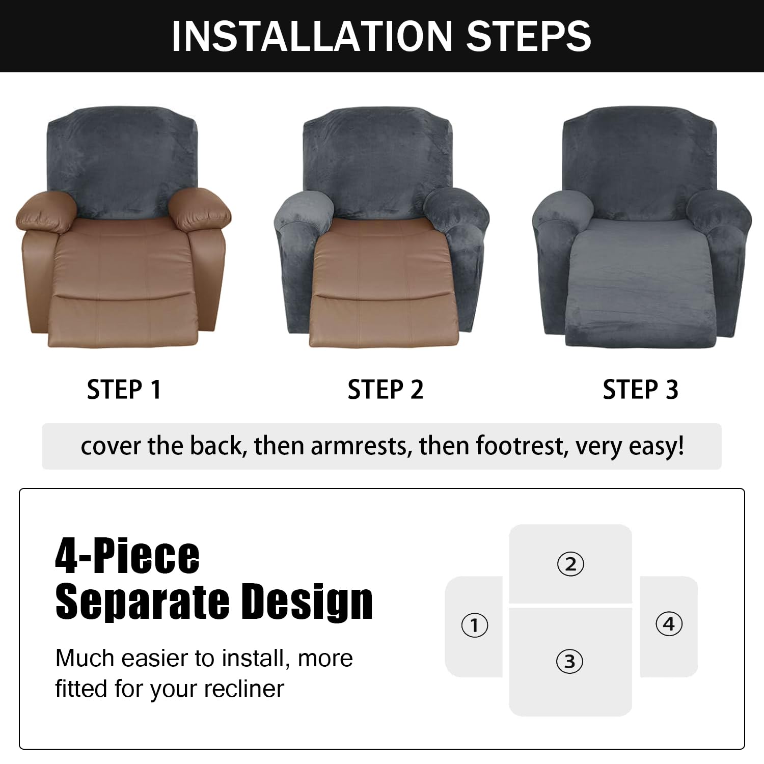 Pack de 4 Fundas de sillón Relax Extensible Terciopelo Suave, Antideslizante con Bolsillos para Brazos salón,Gris Oscuro