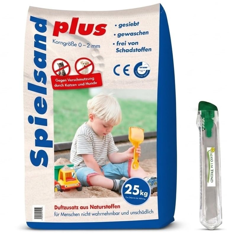 DEKO IM TREND 25kg Spielsand Plus inkl. Sacköffner | Schadstofffrei & extra fein (0-2mm) | Premium Sandkastensand | Quarzsand für Sandkasten Garten & Baustelle | Mit Plus-Formel gegen Tierbesuch