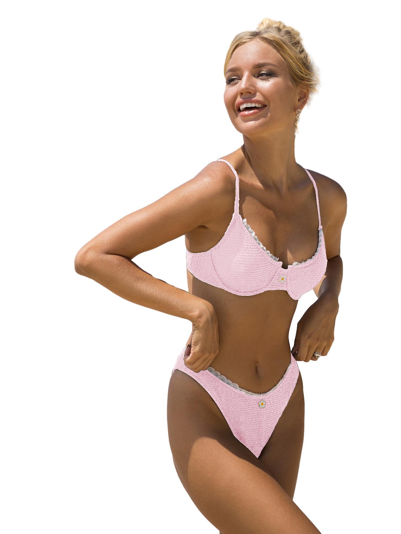 SOLY HUX Women's Bikini Sets High Waisted Bathing Suits Two Piece Swimsuits Sexy Lace Trim Underwire Swimwear