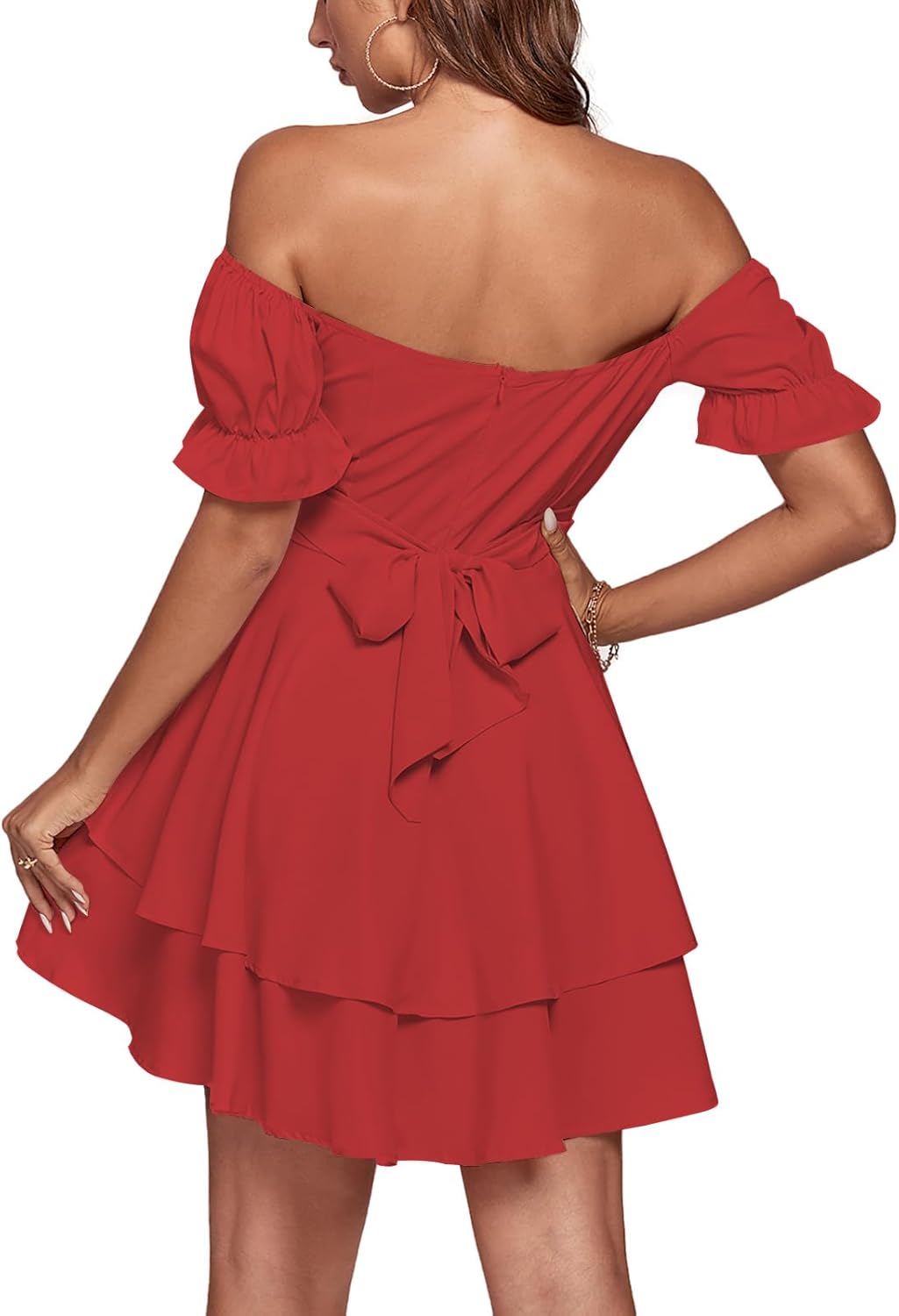 LYANER Women's Tie Back Off Shoulder Wrap Layer Ruffle Short Sleeve Mini Dress - Image 2