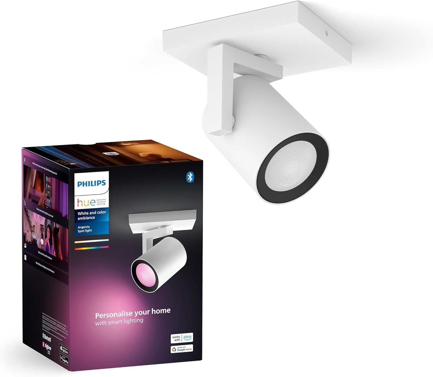 Philips Hue Argenta, Faretto LED da soffitto, Bianco, Confezione singola | Dimmerabile, 16 milioni di colori, Smart Home, Controllo vocale via app, Lampadina GU10 inclusa