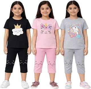 Girls Unicorn Half Sleeve T-Shirts & Capri Set, Pack of 3, Cloud Crown, Cat Face, Rainbow Unicorn Designs Price In India