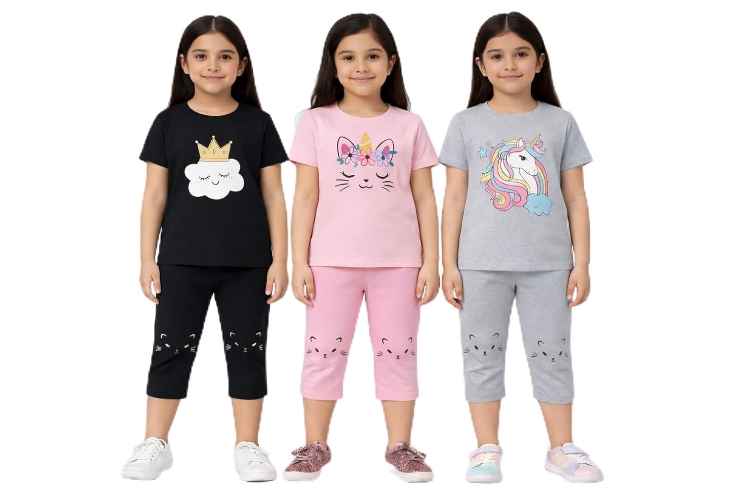 Girls Unicorn Half Sleeve T-Shirts & Capri Set, Pack of 3, Cloud Crown, Cat Face, Rainbow Unicorn Designs - Review, Price and Buying Guide
