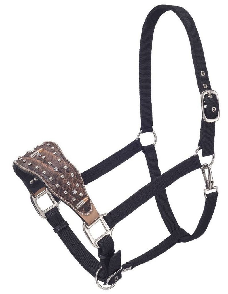 Tough 1 Remington Belt Buckle Bling Nylon Bronc Halter, Brown