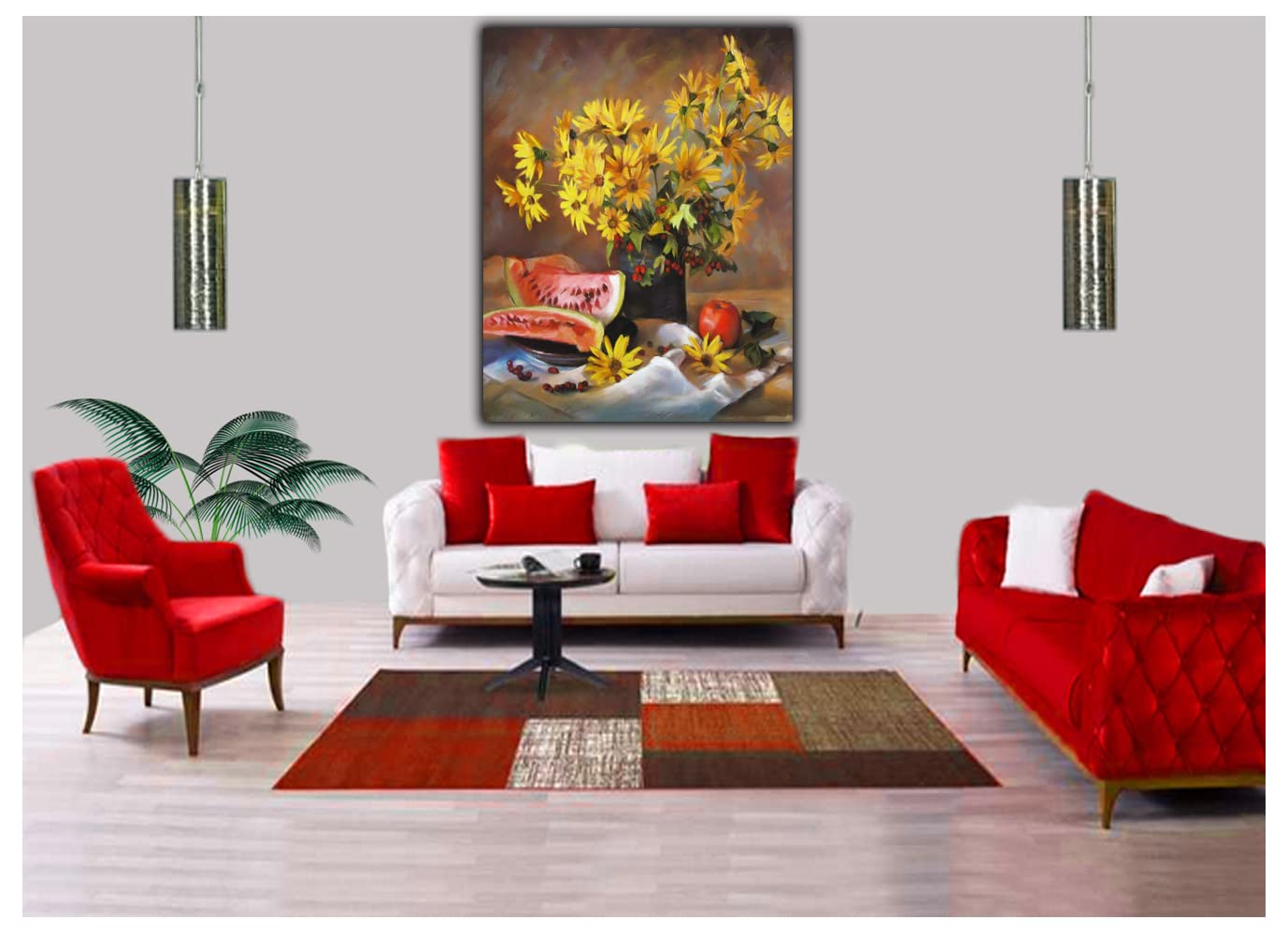 Impresión de girasoles y sandía sobre mesa en lienzo enmarcado para decoración del hogar, 102 x 76 cm, profundidad de 38 mm