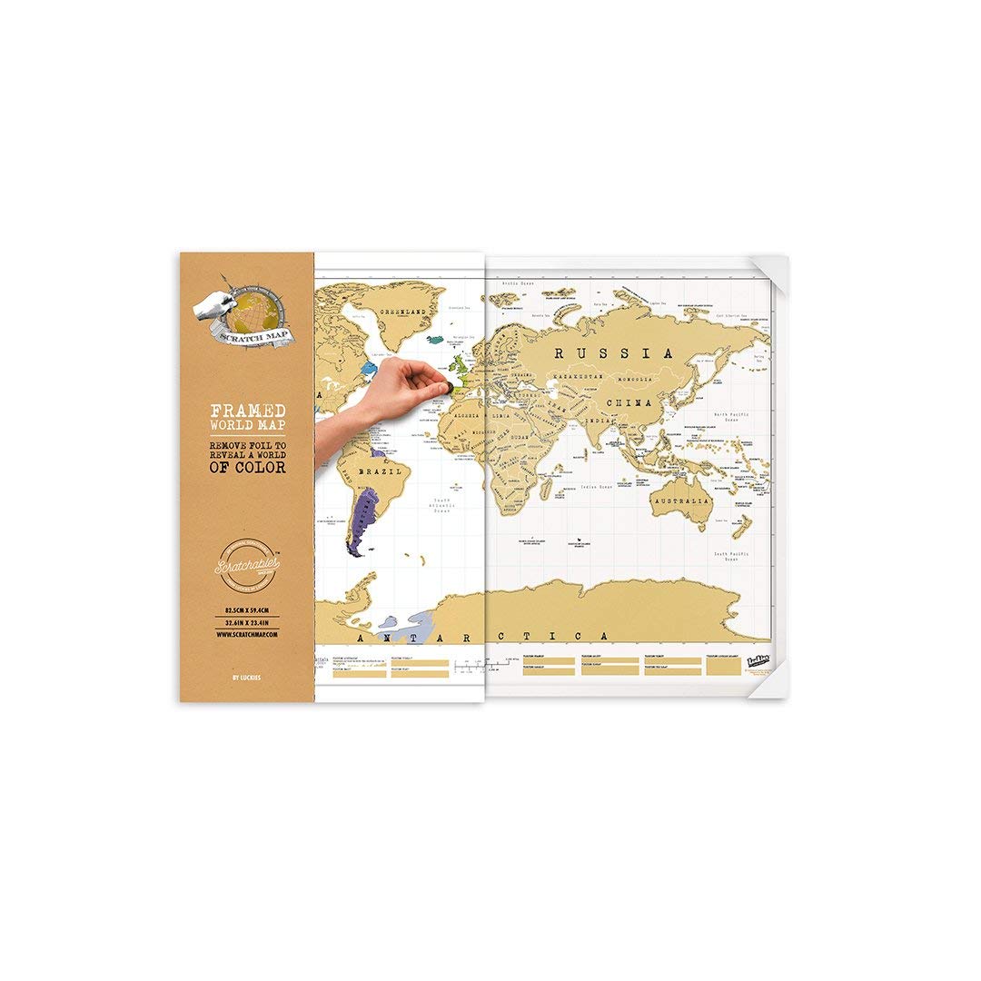 Luckies of London Ltd LUSCRFRA World Scratch Wall Map, Framed Scratch Off Map, Personalized World Travel Map, Beautiful Scratch Poster, Fun Map Décor, For Home Or Office, Original Framed