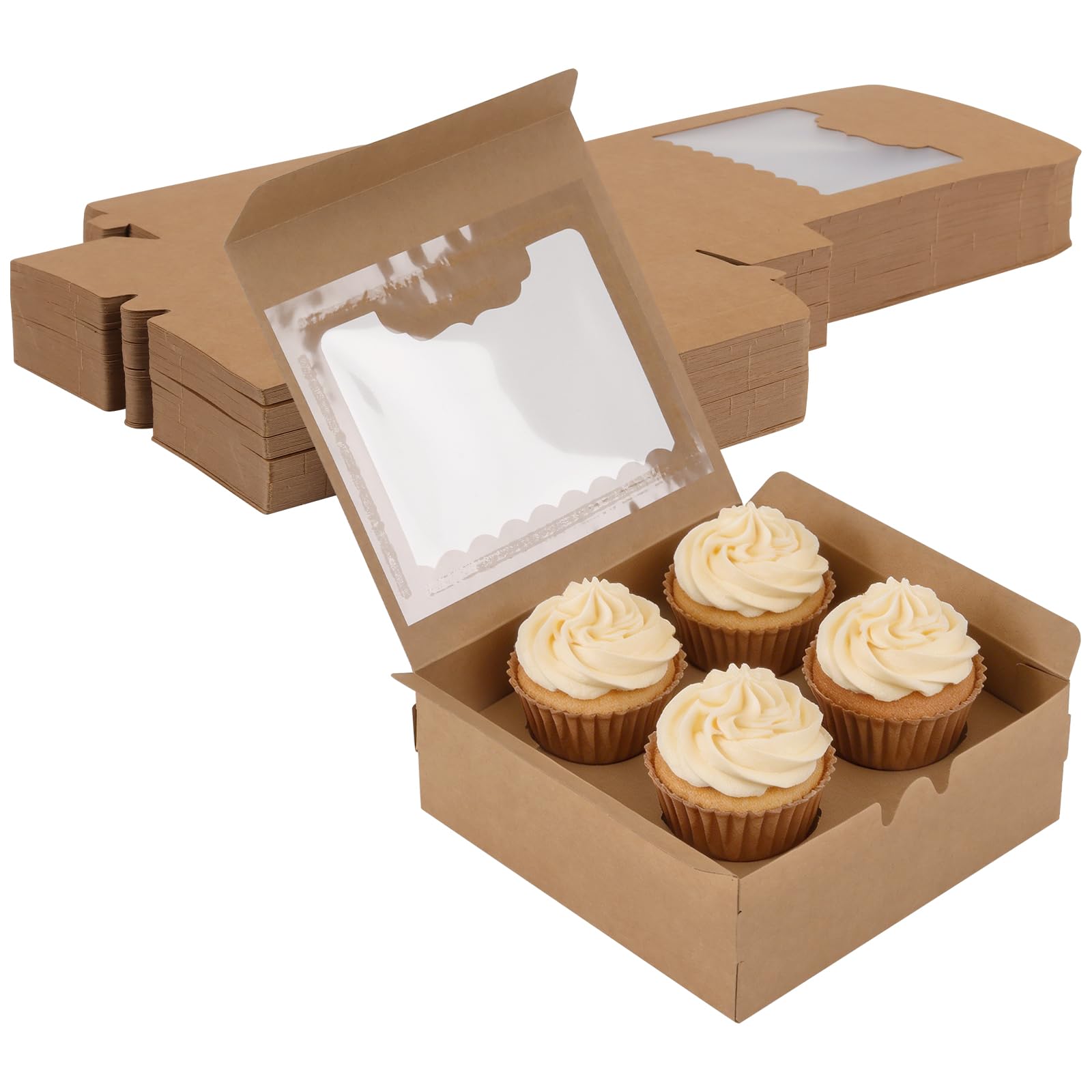 JIAYUET 100 PCS Brown Bakery Boxes with Window, Cardboard Cake Cupcake Box for Cookies, Pastries, Pies, Gift Packaging