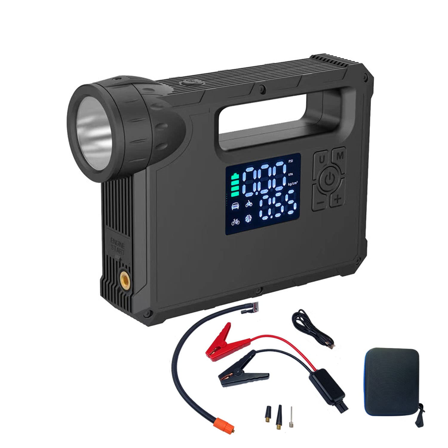 Arrancador portátil para Coche, 2000 A de Potencia máxima, con compresor de Aire para Motores de Gasolina de hasta 7 L y diésel de 4 L, Bomba de inflado de neumáticos de 150 PSI para Acampar