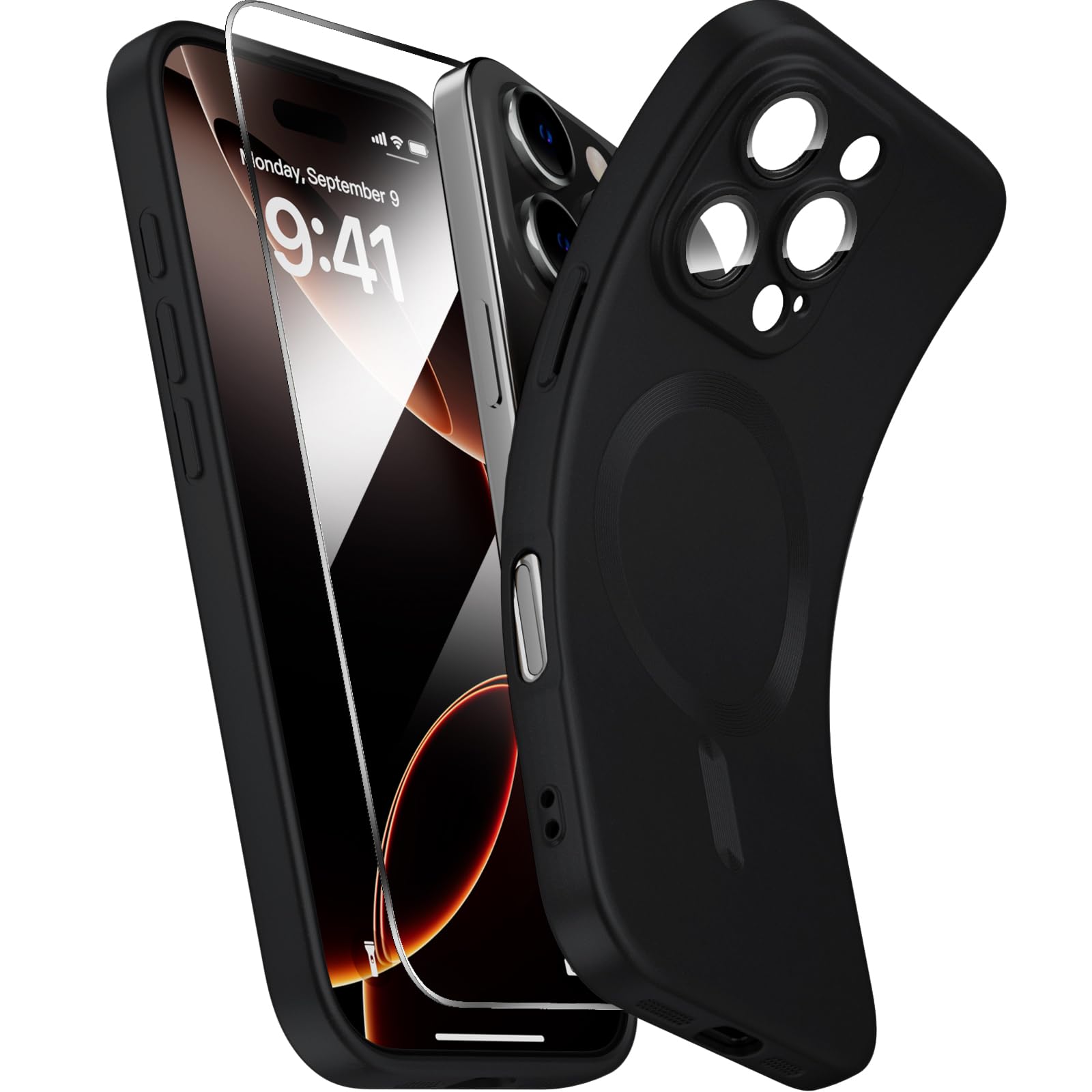 X-level Cover Compatibile con iPhone 16 Pro, Custodia con Mag-Safe Silicone Vetro Temperato Magnetica Slim Ultra Sottile e Anti-Graffio Morbida TPU Anti Scivolo Case per iPhone 16 Pro- Nero