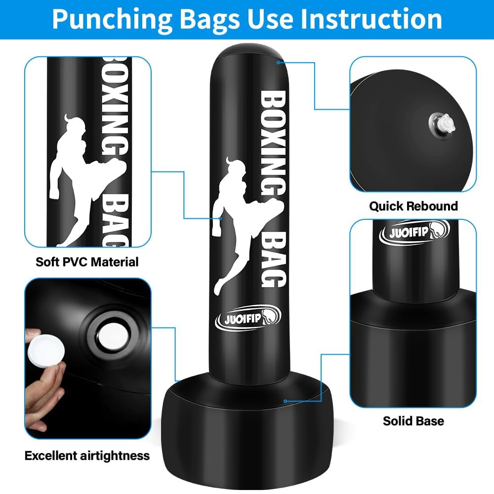 Sac de Frappe Adulte,180cm Sac de Boxe Gonflable de avec Support Sacs de Frappe Boxe autoportant Sac de Kickboxing Equipement pour l'entraînement MMA Muay Thai Fitness à Utiliser