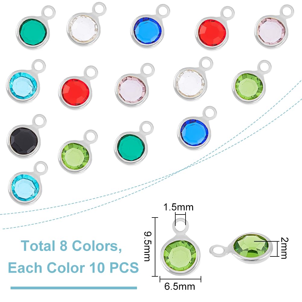UNICRAFTALE 80 pz 8 colori Strass di Vetro Ciondoli Pendenti per Orecchini In Vetro Trasparente Piatto Rotondo Portafortuna Ciondoli In Vetro Cristallo con Anelli In Acciaio Inossidabile