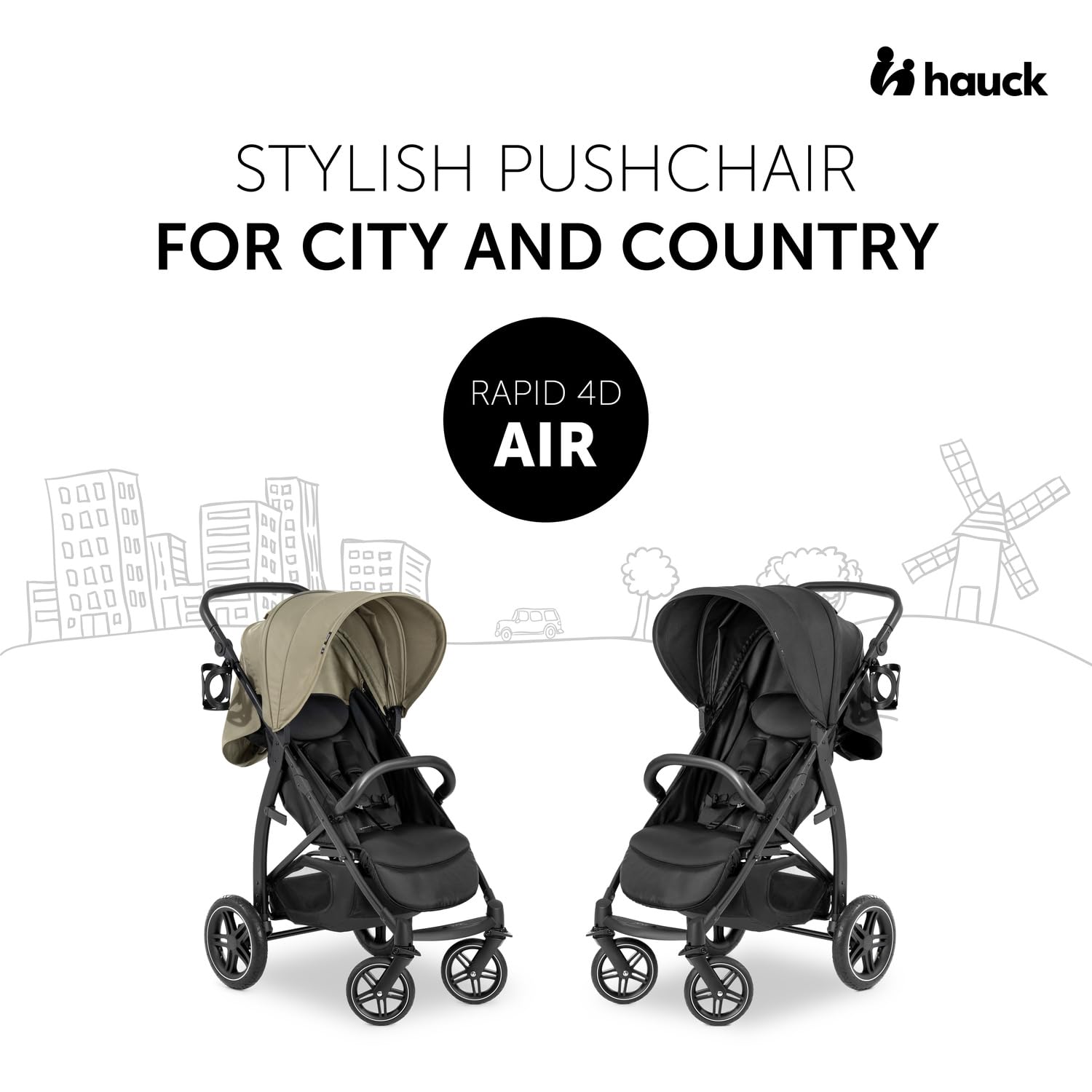 Hauck Rapid 4D Air Nero Passeggino 0-22 kg Ruote Gonfiabili Davanti Gomma Dietro Schienale Regolabile UPF 50+