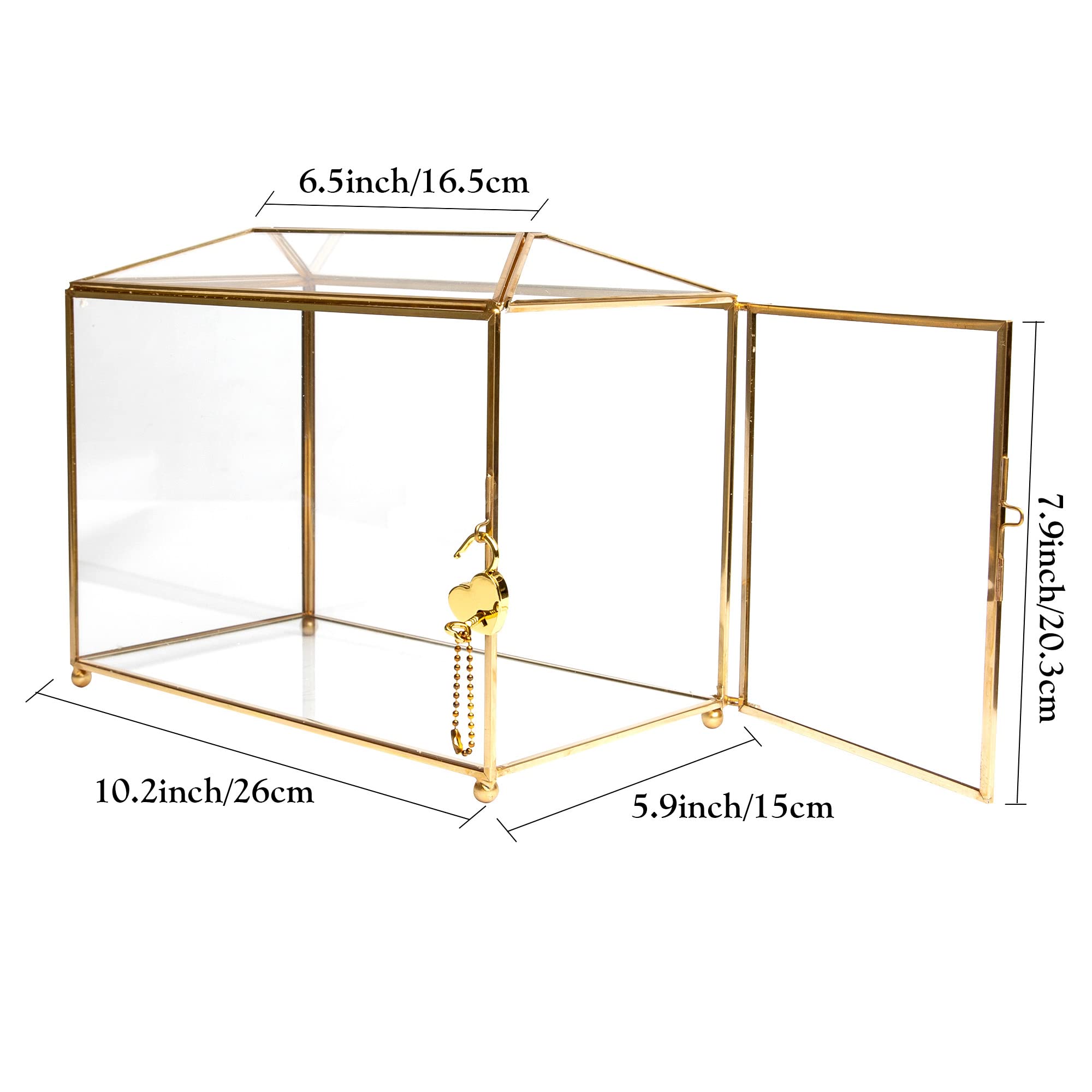 Defined Deco 10.2" Glass Card Box, Gift Display Box,Wedding Card Box with Heart Lock, Card and Gift Holder Glass Cards Box for Weddings, Birthdays, Graduations, Baby and Bridal Showers,Brass Frame.