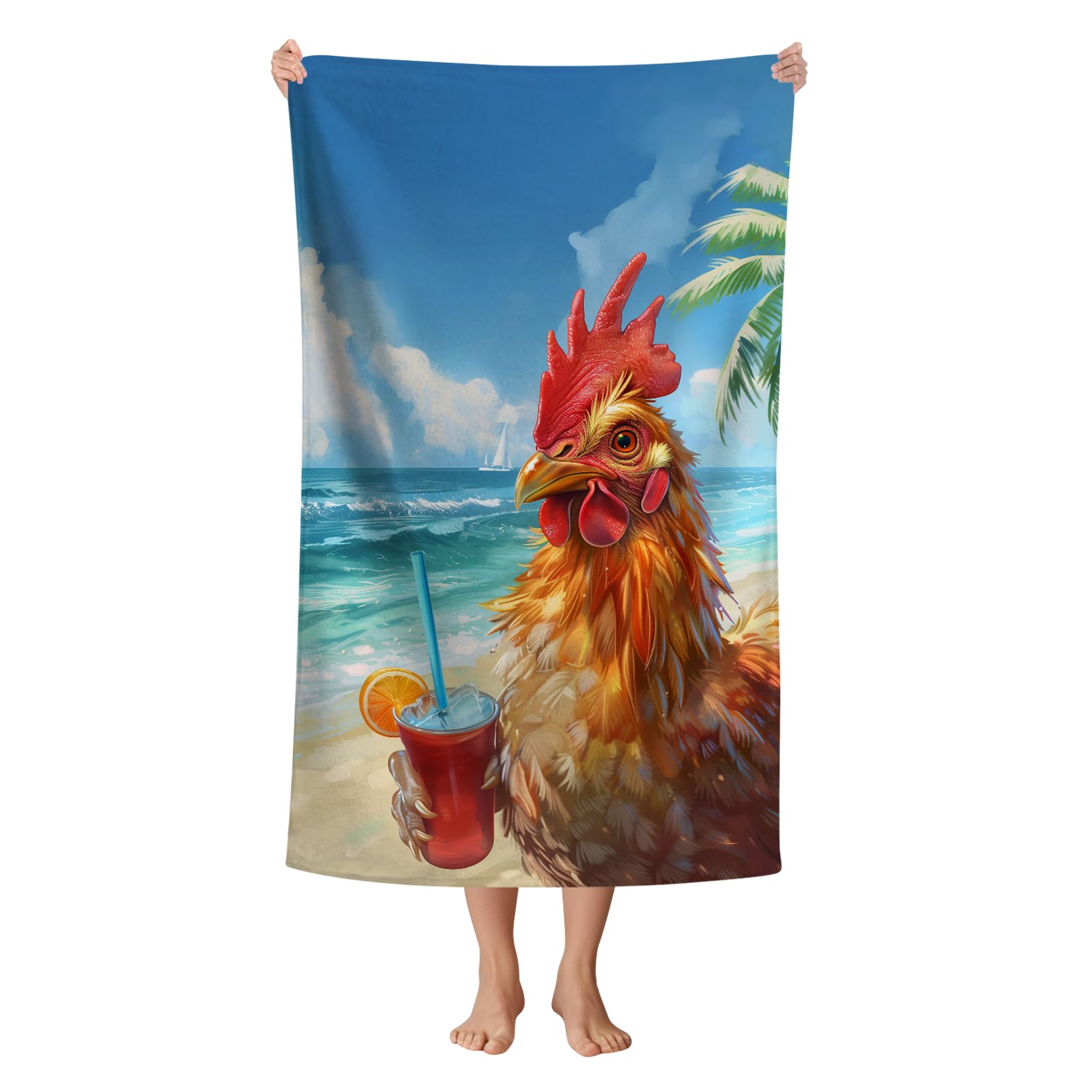WZOMT Microfiber Chicken Beach Towel, Chicken with Drink on Beach Ocean Print Towels for Kids Adults, Soft Quick Dry Absorbent Bath Towel for Pool/