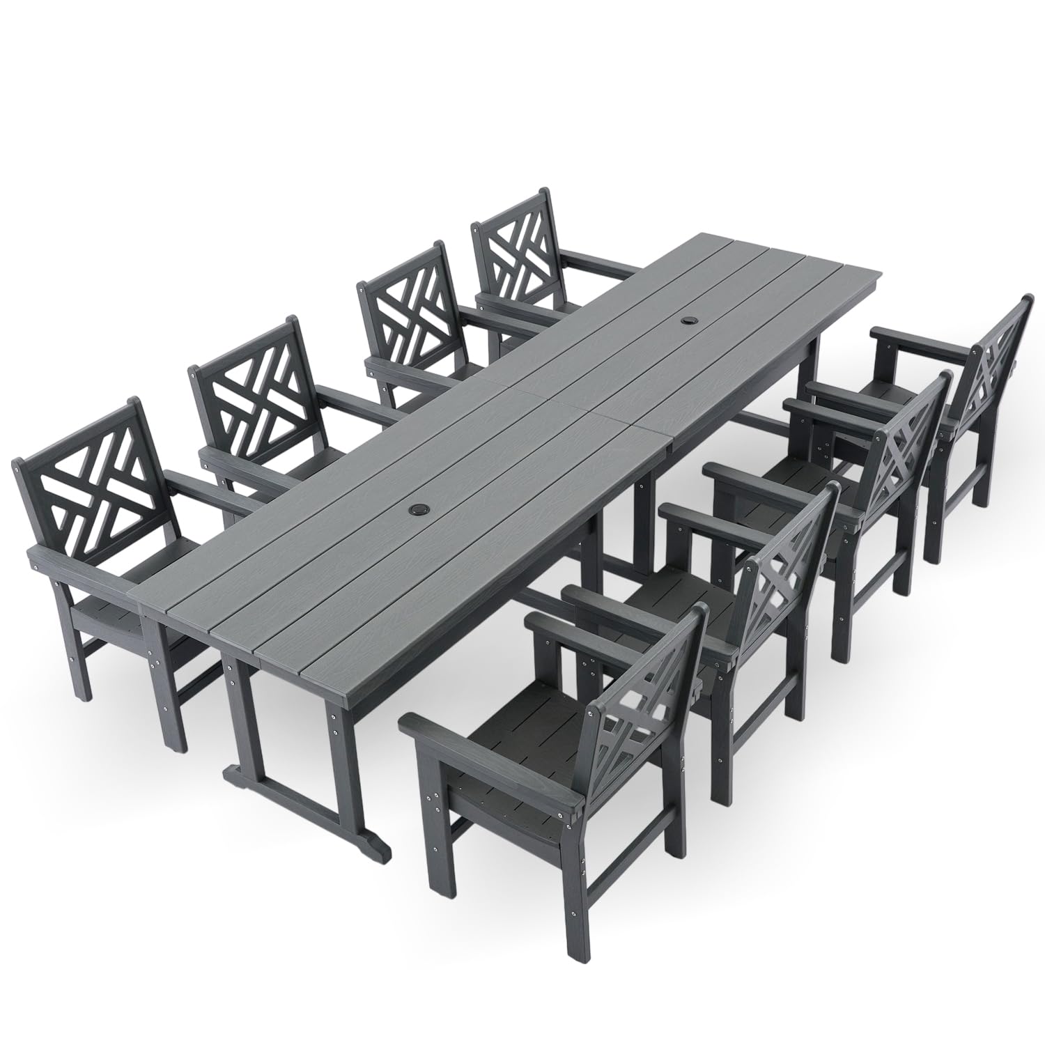 HDPE Dining Table Set for 8,10-Piece Outdoor Table and Chairs Include 8 Dining Chairs and 2 Pcs 62.5" Patio Dining Table with Umbrella Hole (Gray)