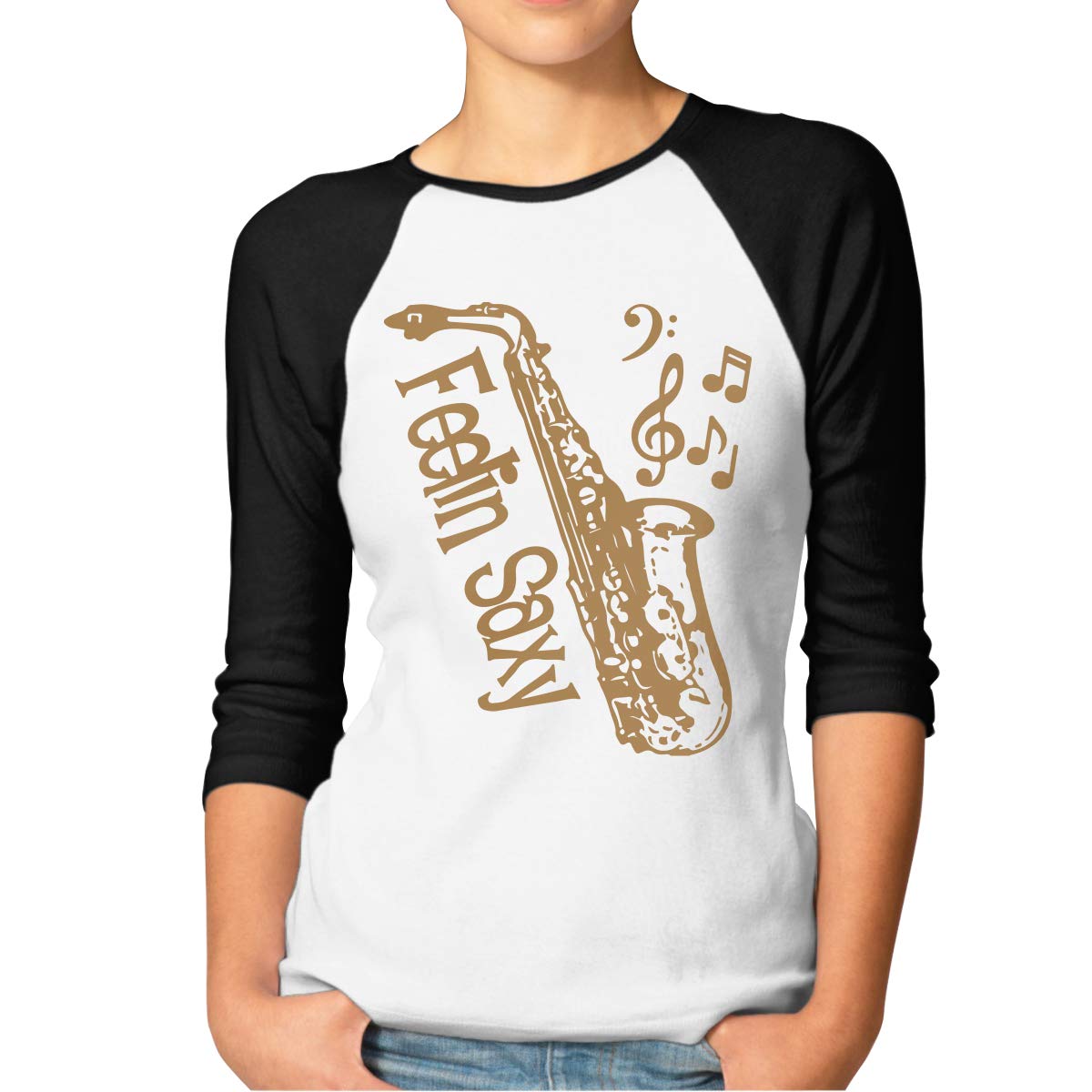 Women Feelin Saxy Funny Saxophone Cotton Crew Neck 3/4 Sleeve Raglan Baseball T- Shirt S-XXL