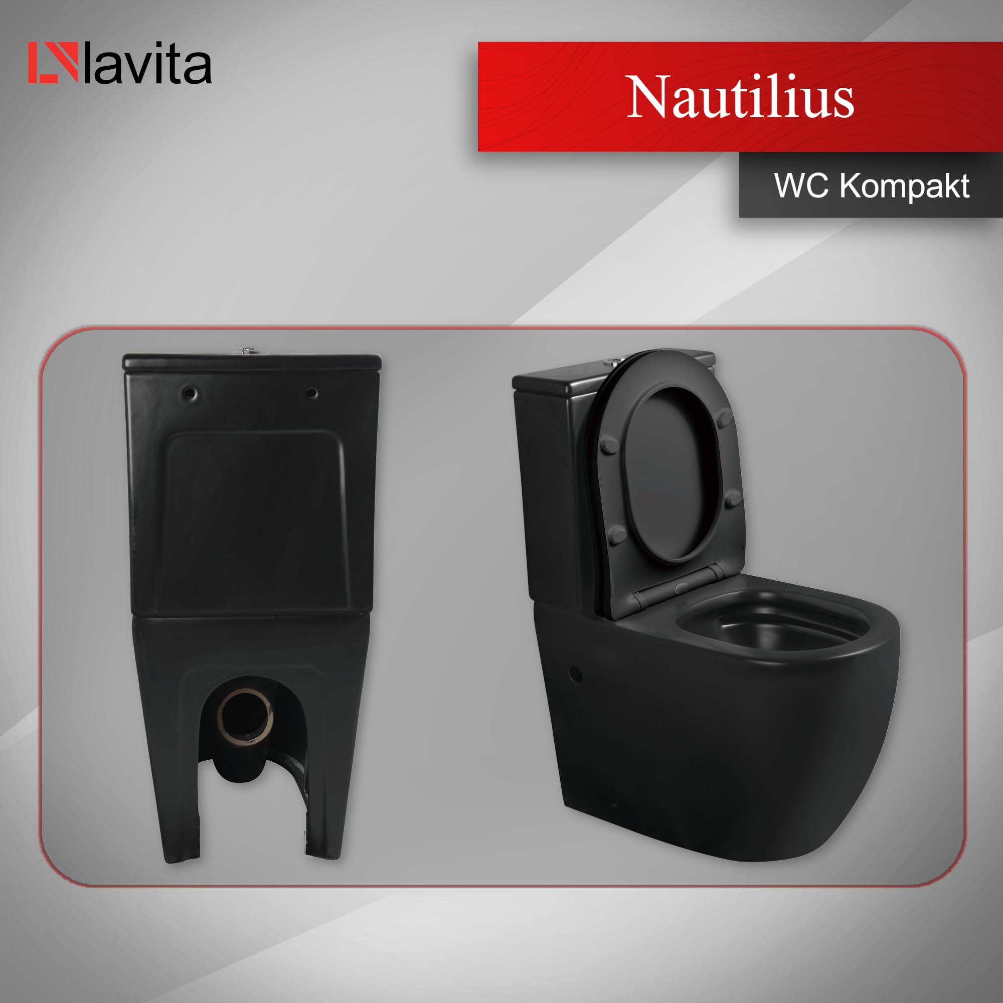 LAVITA Eendelig staand toilet met ingebouwde spoelkast NAUTILIUS BLACK WC-deksel met softclose Keramisch toilet Randloos toiletpot Toiletpot Staand + WC-aansluitstuk