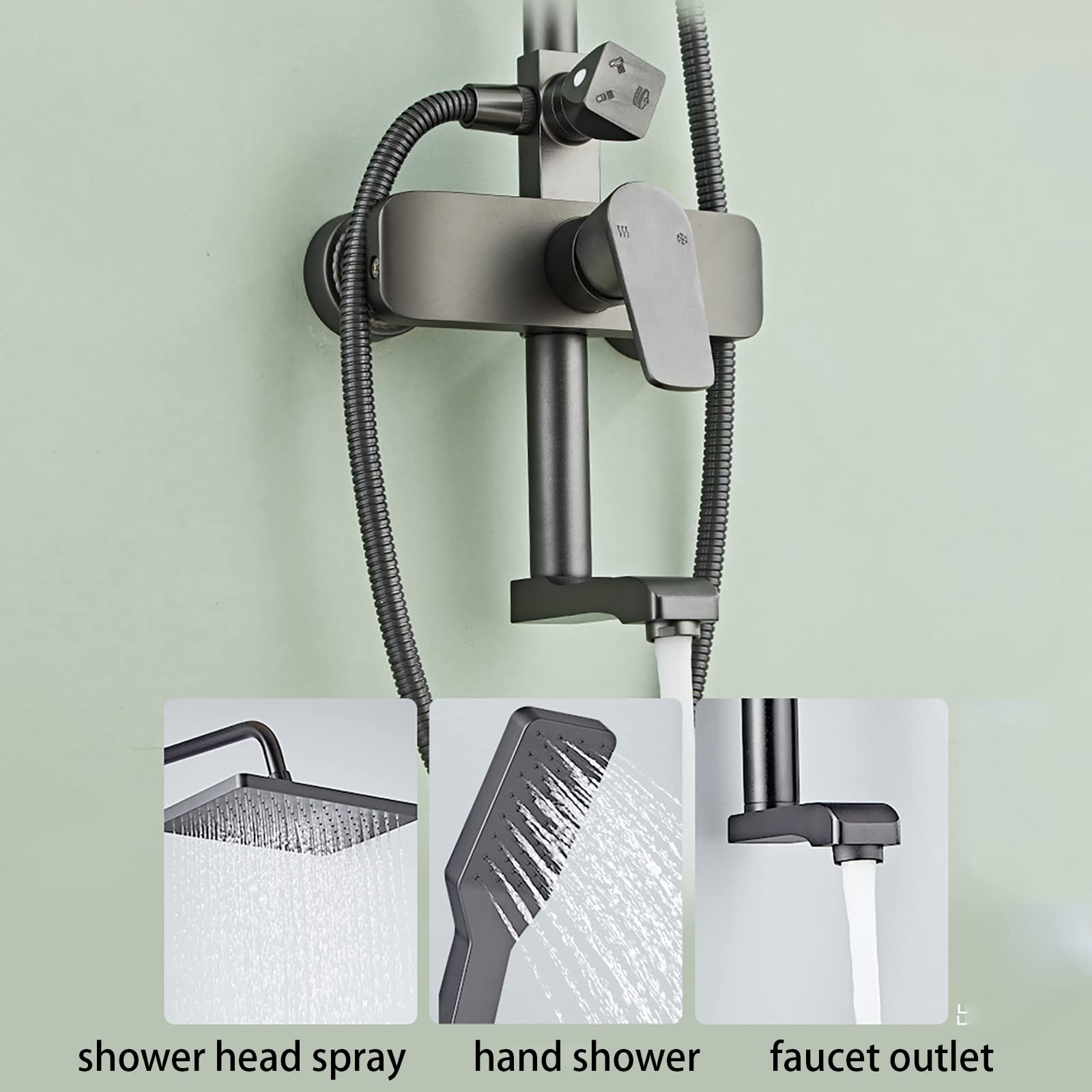 Juegos de grifos de Ducha, grifería de Ducha Gris, Cabezal de Ducha de Lluvia de 25 x 17 cm, Sistema de Ducha de Pared con Ducha de Mano y caño de bañera.