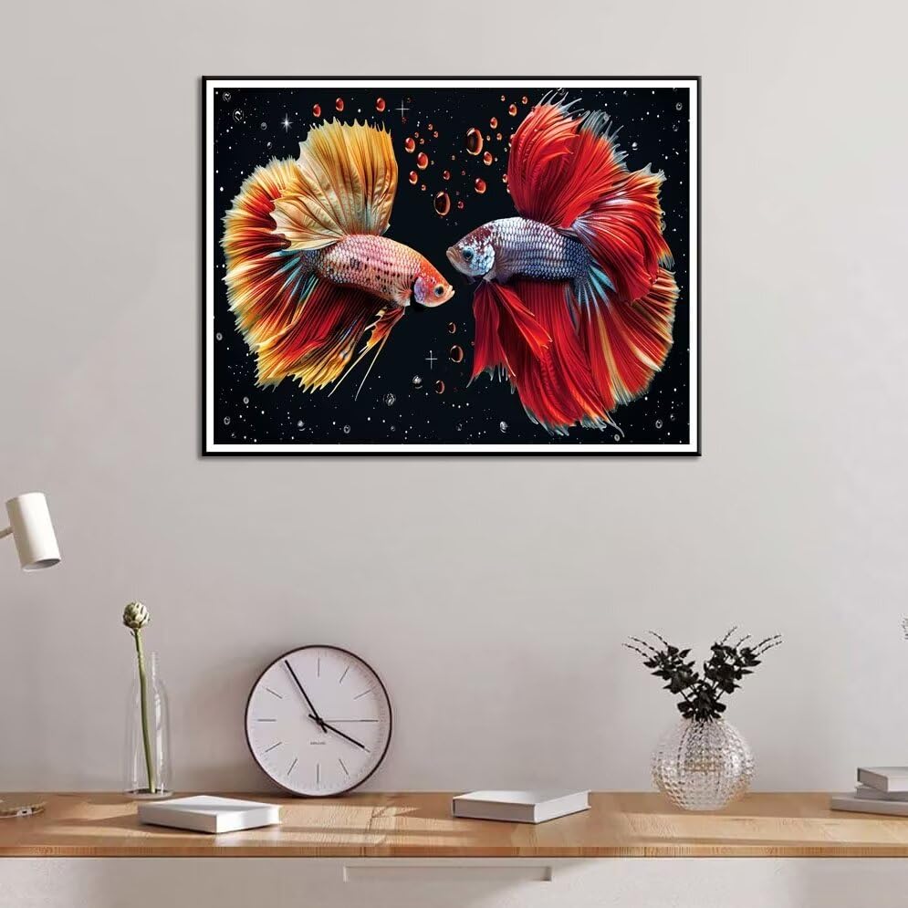 Kit Peinture Par Numéros Adulte - Motif Poisson Rouge Et Montagne - Toile 30x20 Cm - Inclut Peintures Acryliques Et Pinceaux