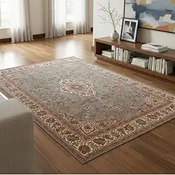 Tapete Sala Quarto Antiderrapante Tipo Persa Turkish Rug Marrom e Verde Antialérgico 140x100 Cm Antimancha Grande