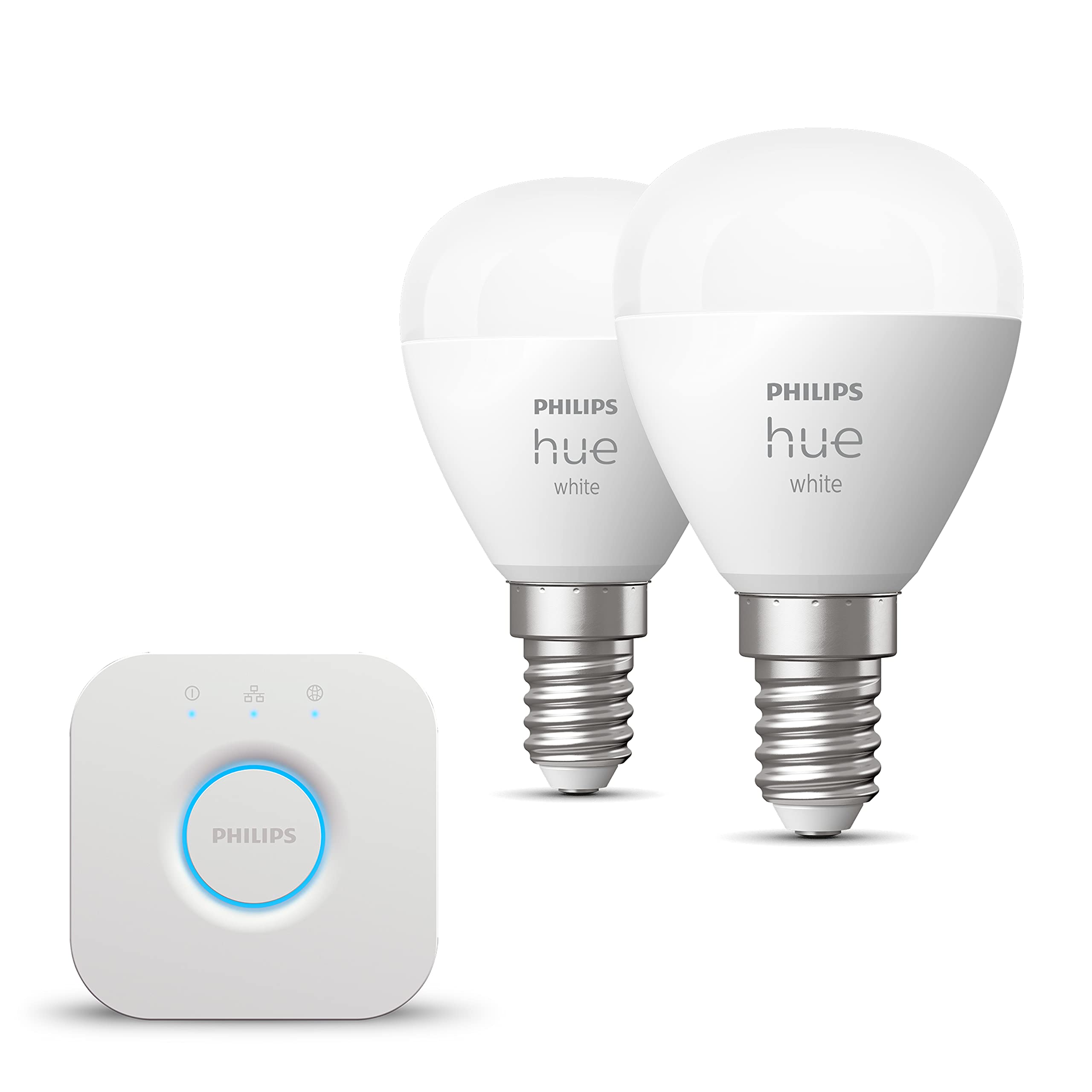 Philips Hue Starter Pack - E14-2 Bombillas Esférica - Luz blanca cálida - incl. Hue Bridge - Hue White