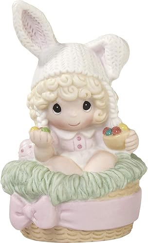 Precious Moments Figura de Pascua | Figura de porcelana de bisque "Count Your Many Blessings" | Conejito de Pascua para niña en cesta | Regalo y
