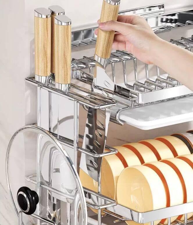 Escurridor de platos montado en la pared con bandeja de goteo extraíble de acero inoxidable para colgar, plegable, en portavasos, escurridor de platos de cocina, estantes colgantes