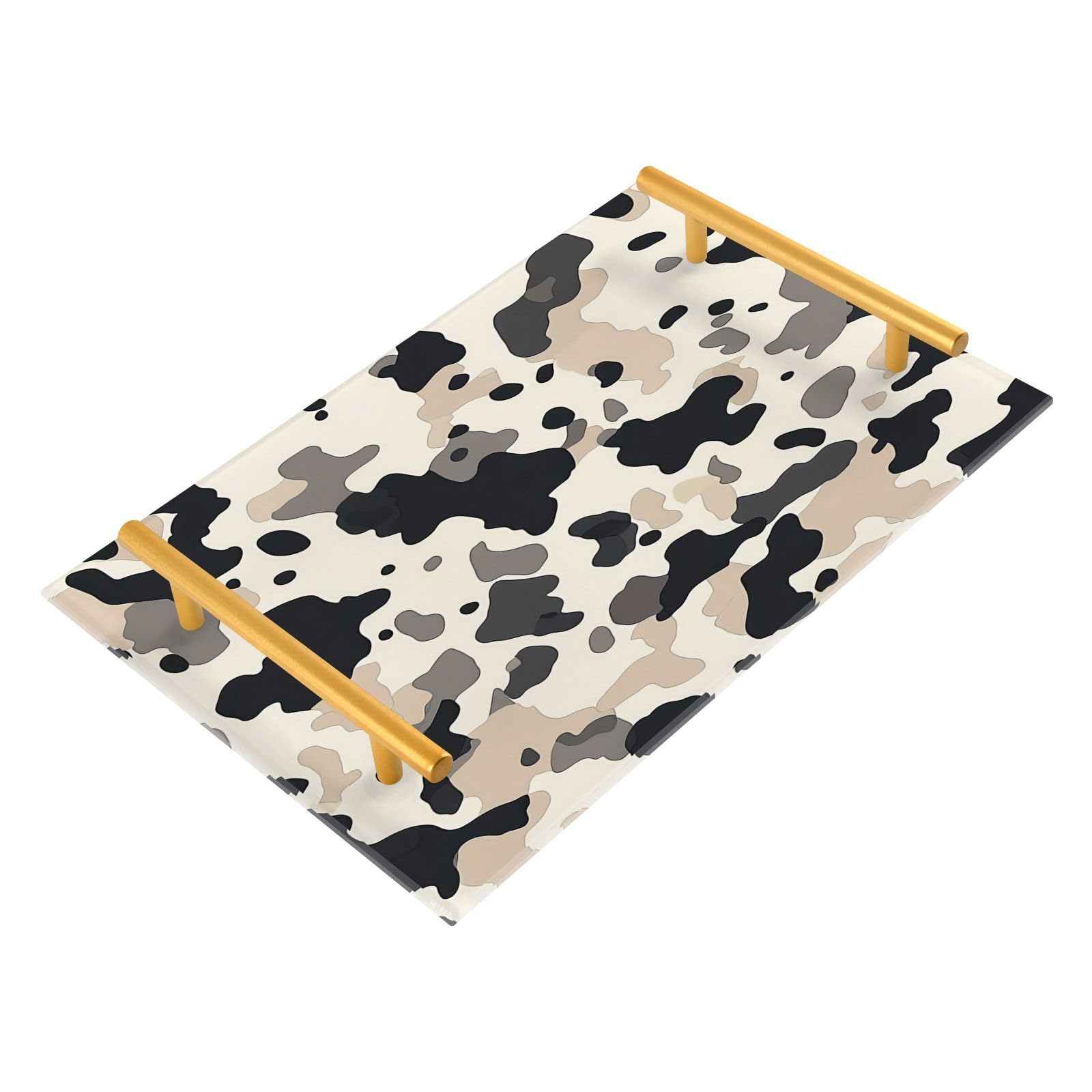 GUIJI Cow Pattern Acrylic Tray, Perfume Cosmetic Jewelry Decorative Trays Bathtub Organizer, Living Room Kitchen Serving Tray with Gold Handles