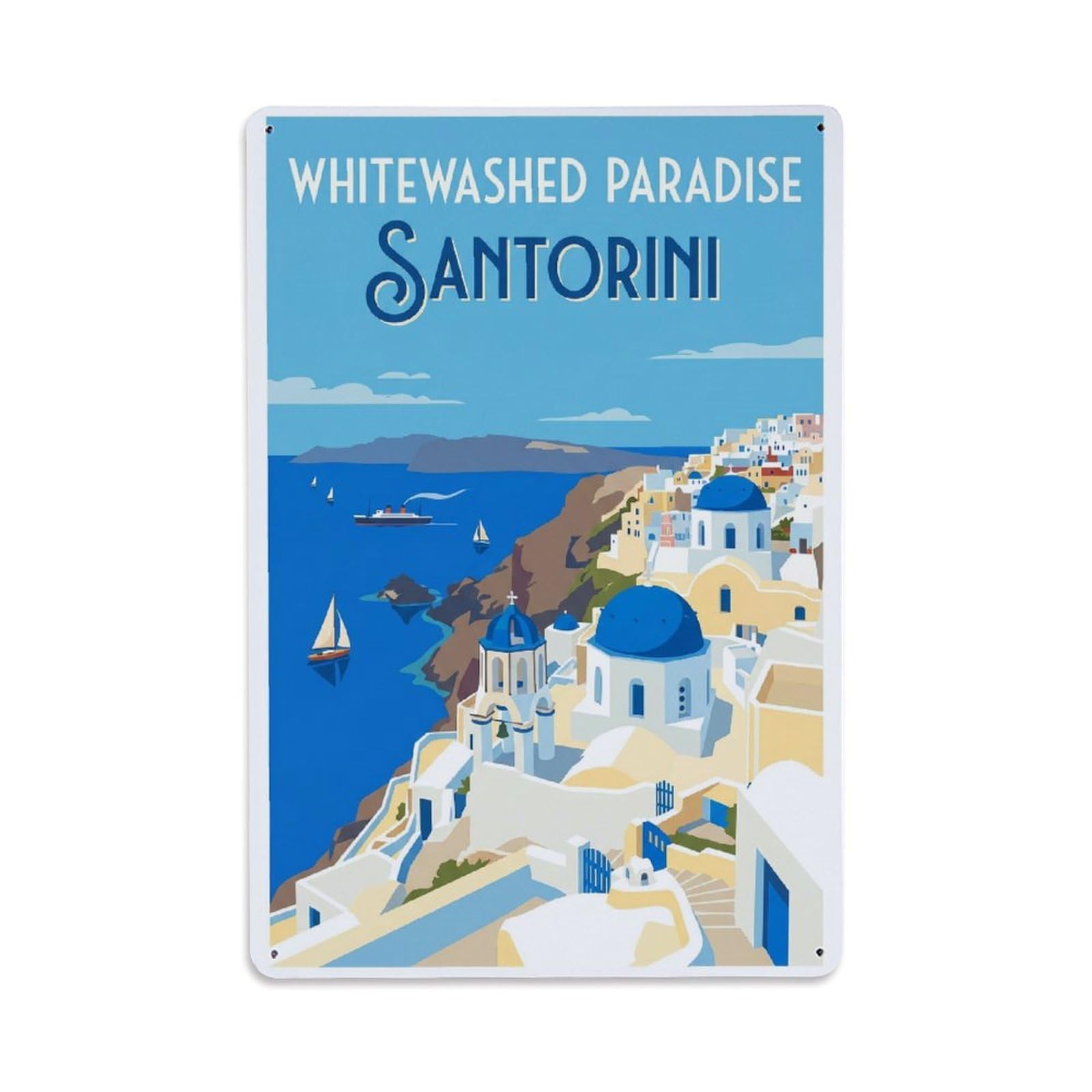 Gead 8X12inch Style Vintage Travel Santorini Whitewashed Paradise Metal Tin Sign