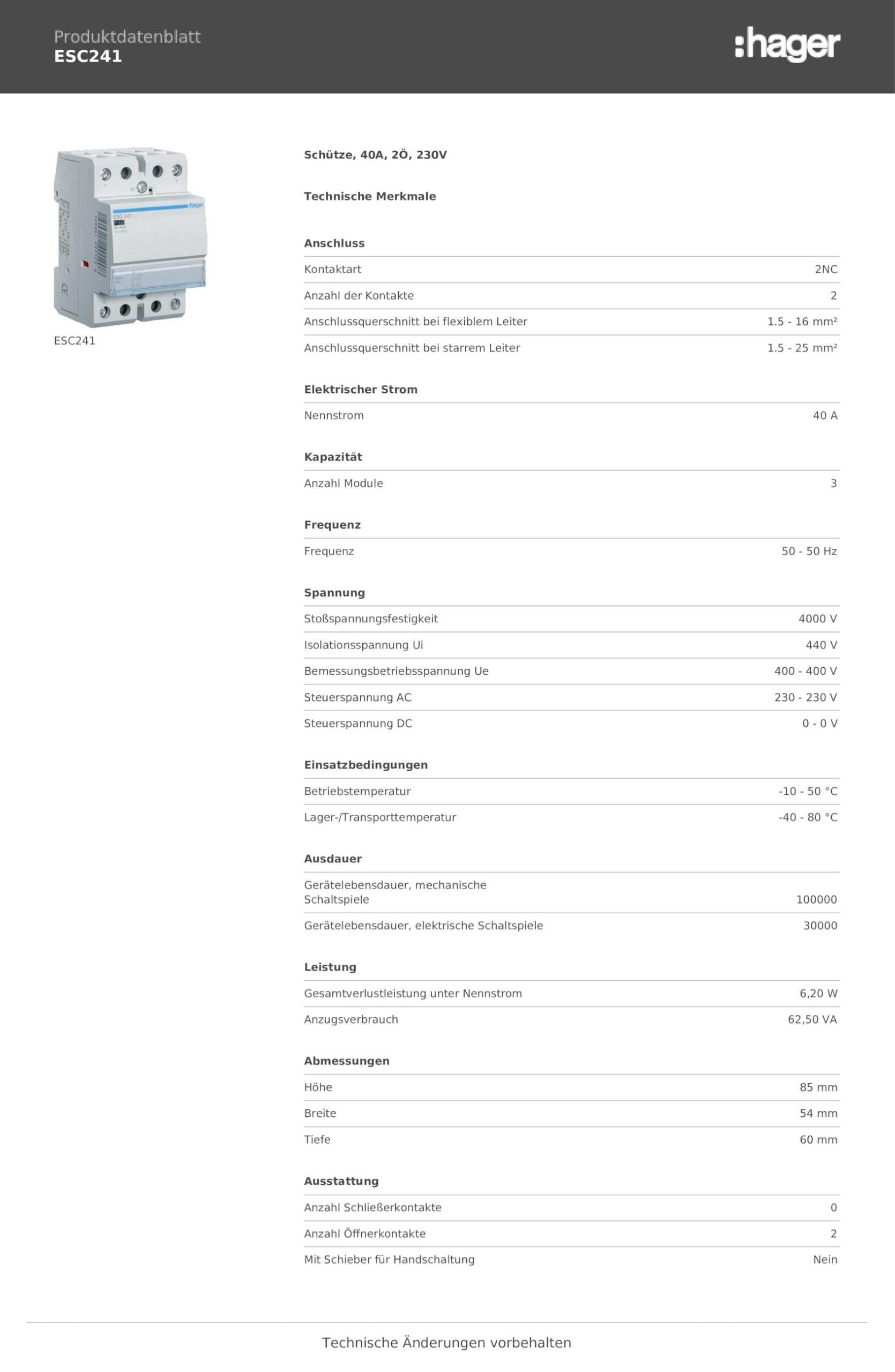 Hager ESC241 Contactor, 40A, 2NC, 230V