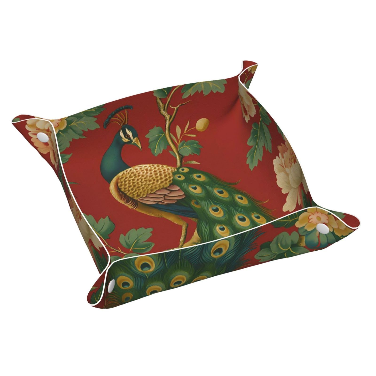 HLBSDM Chinoiserie Style Peacock on Floral Branch Tray Men's Leather Valet Parking Portable Entrance Trays Bedside Storage Box