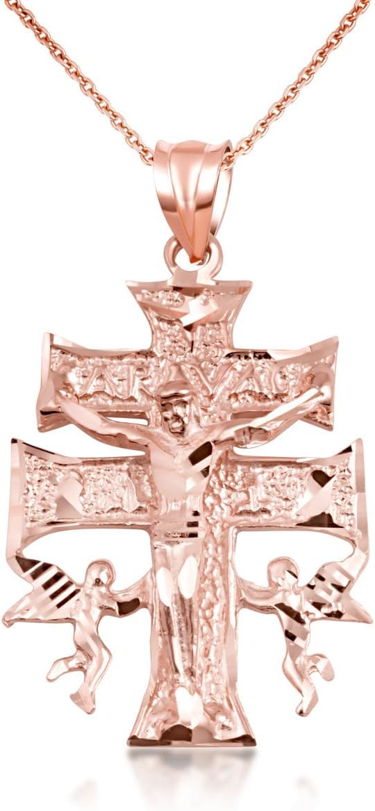 Gold Caravaca Double Cross Crucifix Necklace | 10K or 14K Yellow, Rose, or White Gold | Choice of Pendant Only or Chain Length