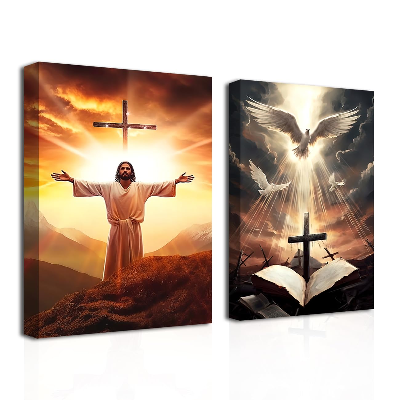 CXHOSTENT Jesus Canvas Wall Art Set of 2 God Portrait Picture Prints The Cross And The Dove Of Peace Wall Decor Christian Artwork for Prayer Room Decor (B, 60.00 x 90.00 cms x 2PCS) โ image 1