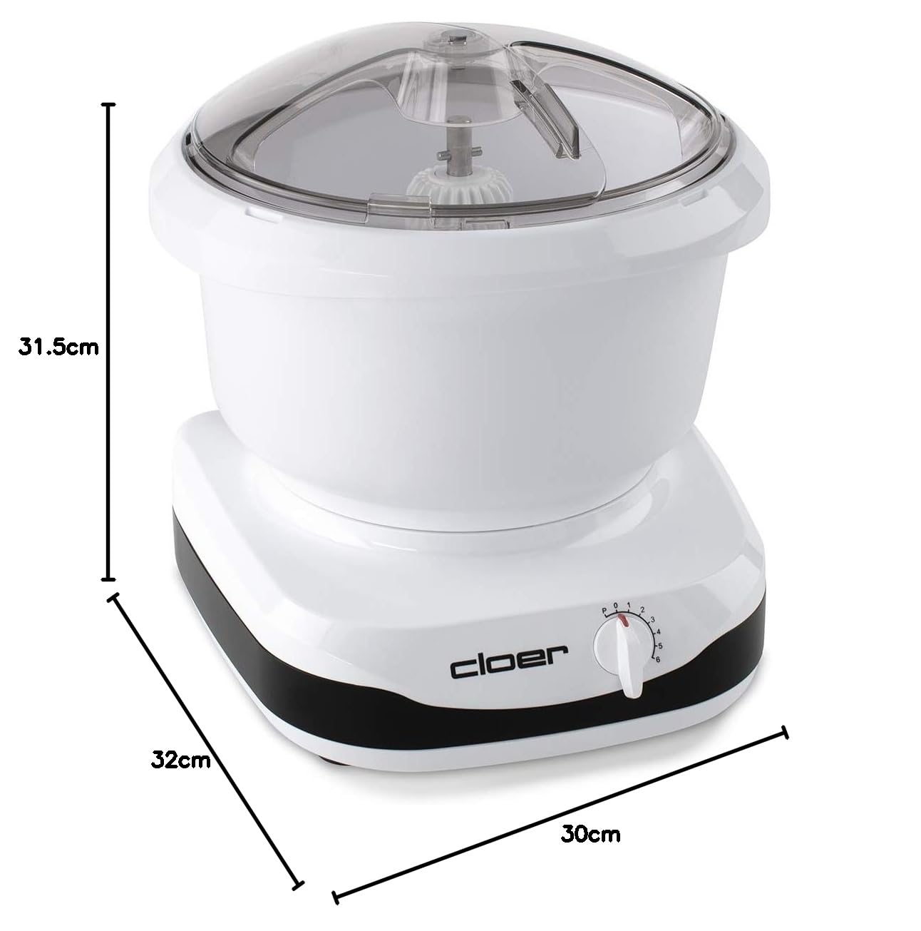 cloer 7001 Küchenmaschine mit 6 Liter Rührschüssel, Knethaken, Schneebesen, Kuchen-Rührbesen, und Schüsselschaber, 6 Geschwindigkeitsstufen, 650 W, weiß