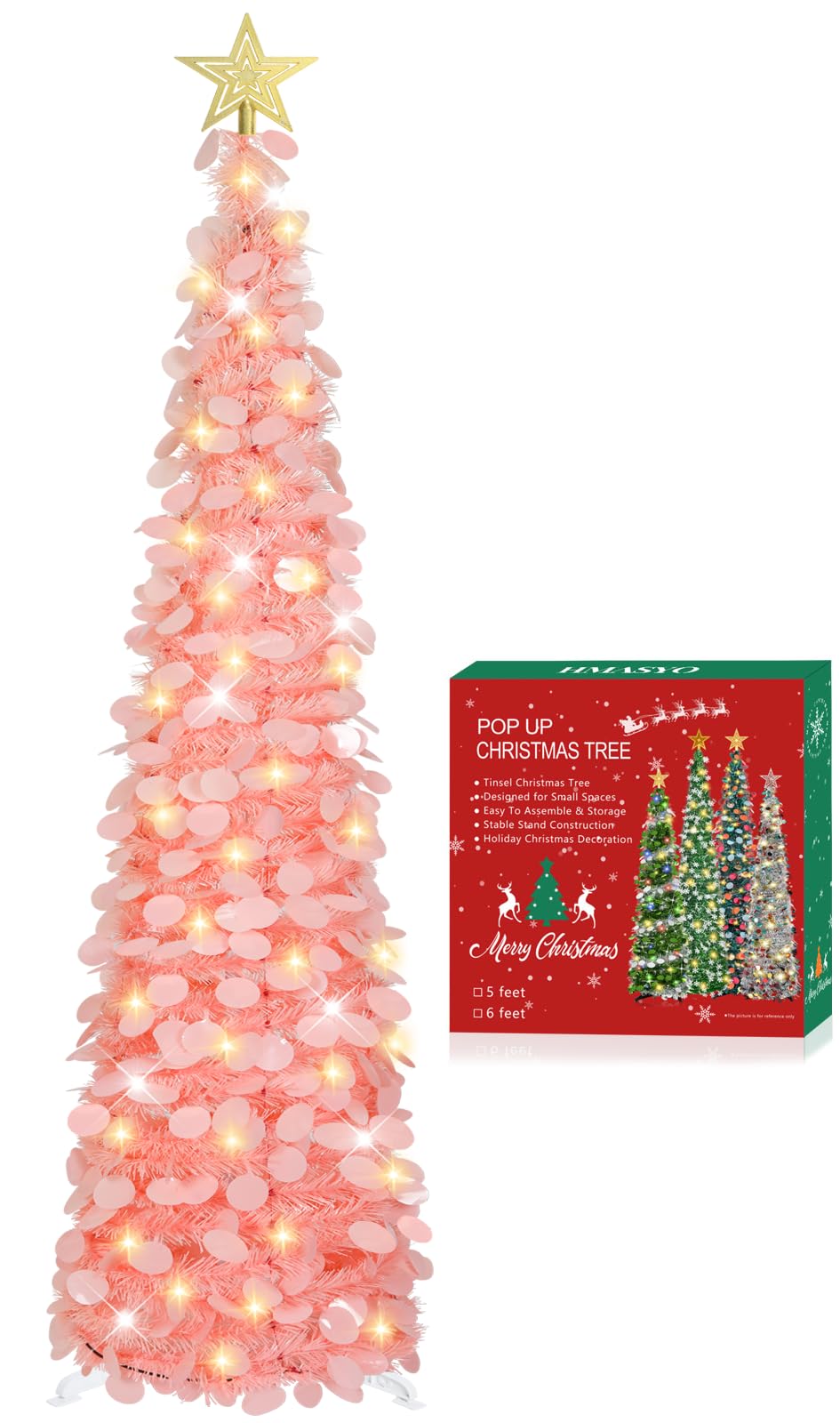 HMASYO 5FT/1.5M Pop Up Christmas Tree with Timer Lights, Pink Tinsel Christmas Tree, Collapsible Artificial Pencil Tree Xmas Decoration for Indoor Home Apartment Porch Party, Easy Assembly