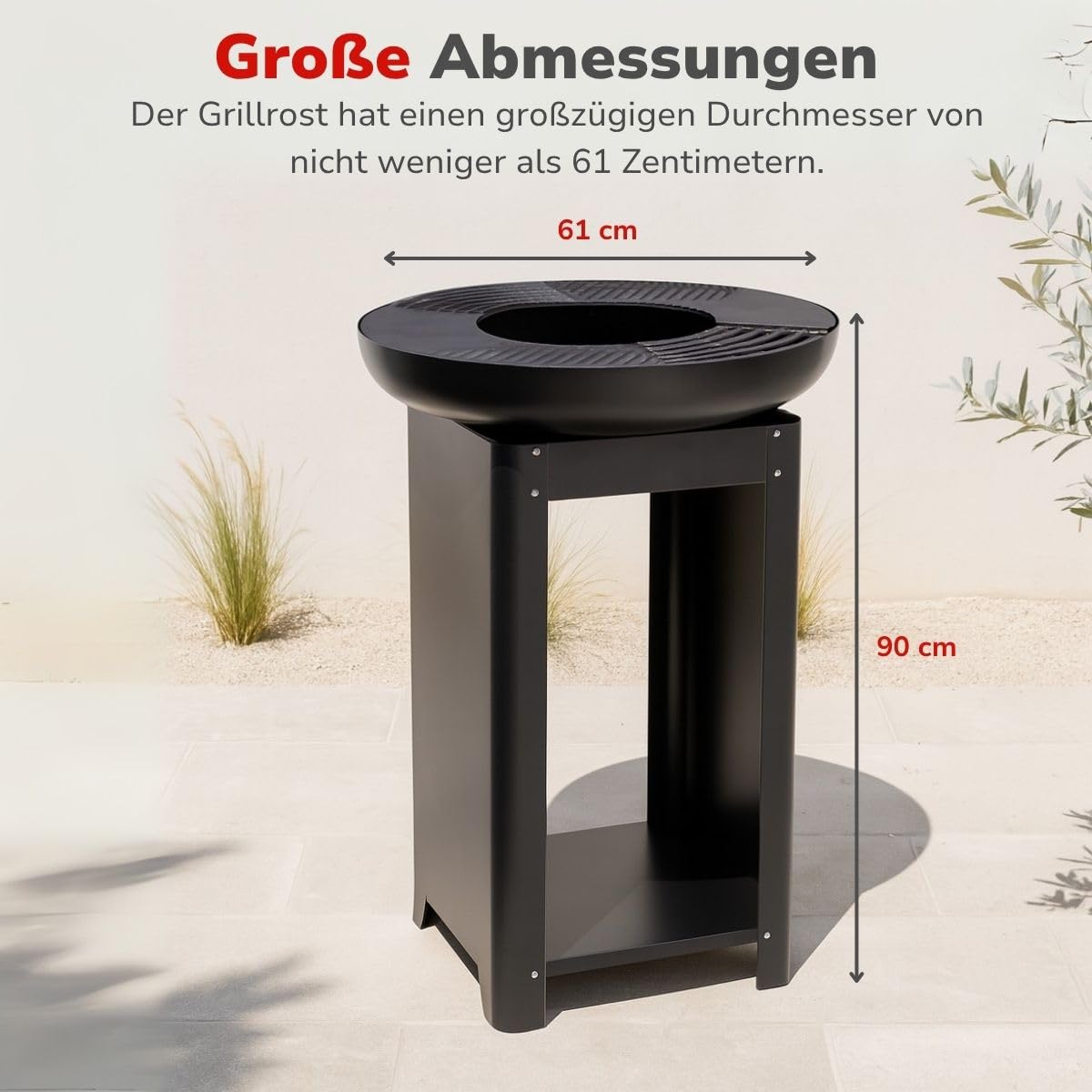 alpina 3-in-1 Feuerstelle und Grillplatte - Gartenkamin 61 x 90 cm - mit Teppanyaki-Grillplatte - Plancha Grill mit Brennholzaufbewahrung - Feuerstelle für den Außenbereich - Metall