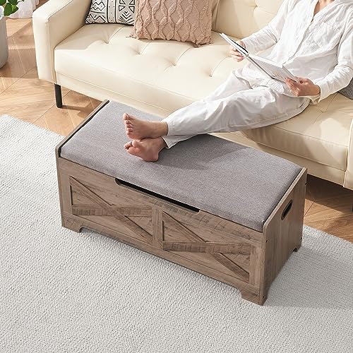 GAOMON Storage Chest, Lift Top Storage Trunk with 2 Safety Hinges, Barn Style Organizer, Wooden Entryway Bench with Seat Cushion, Large Storage Chest for Entryway, Bedroom, Living Room