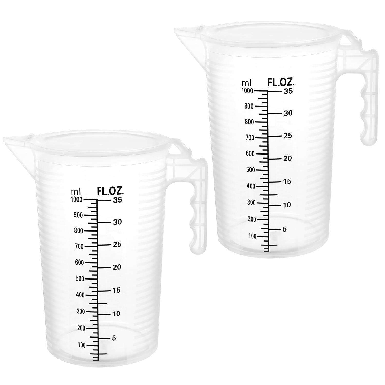 QWORK 2 Pack 32oz (1 Quart) Measuring Pitcher - Plastic, Multipurpose, Polypropylene, with Clear Ounce & Milliliter Markings, Dustproof Lid, for Cooking, Home Hobbies, Shop Oil and Fluids