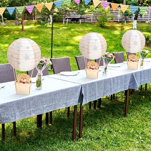 Image of Retisee 12 Sets Baby Shower Hot Air Balloon Table Centerpieces Nude Striped Paper Lanterns Woven Baskets with Sticks for DIY Gender Reveal Birthday Baby Shower Wedding Decor, 7.87 Inch